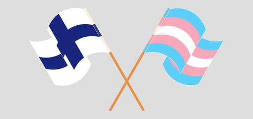 Crossed and waving flags of Finland and transgender pride