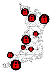 Polygonal mesh lockdown map of Osaka Prefecture. Abstract mesh lines and locks form map of Osaka Prefecture. Vector wire frame 2D polygonal line network in black color with red locks.