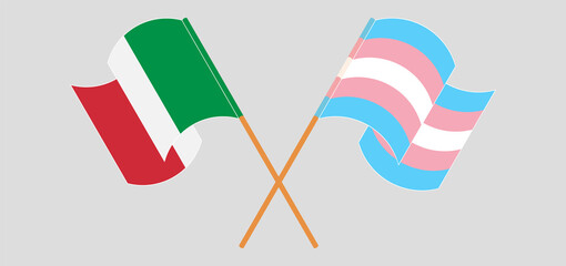 Crossed and waving flags of Italy and transgender pride