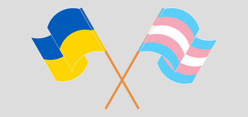 Crossed and waving flags of Ukraine and transgender pride