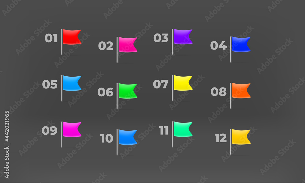 Poster Color flag bullets with digits. Map pins collection. Inforgaphic vector elements for design