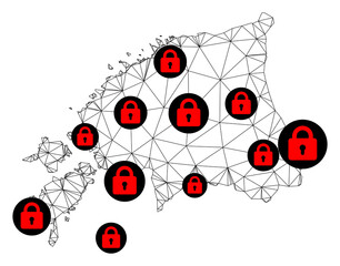 Polygonal mesh lockdown map of Estonia. Abstract mesh lines and locks form map of Estonia. Vector wire frame 2D polygonal line network in black color with red locks.