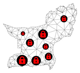 Polygonal mesh lockdown map of Balochistan Province. Abstract mesh lines and locks form map of Balochistan Province. Vector wire frame 2D polygonal line network in black color with red locks.