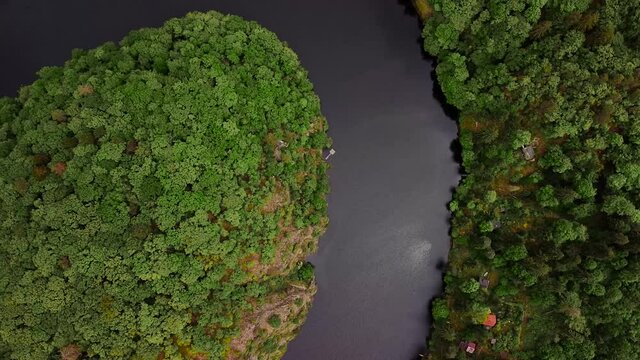 Aerial top view of natural canyon Vltava river like a horseshoe shape from Maj viewpoint.