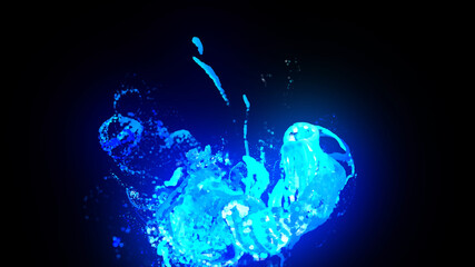 Obraz na płótnie Canvas 3d render. Injection of fluorescent ink in water isolated on black background. Glow particles or sparks like shiny magic spell. Fantastic background for festive event. Blue shades