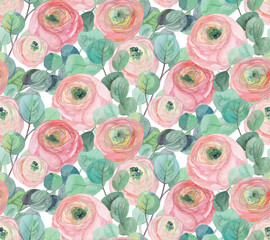 watercolor delicate seamless pattern with delicate roses and eucalyptus branches on a white background for surface and textile design