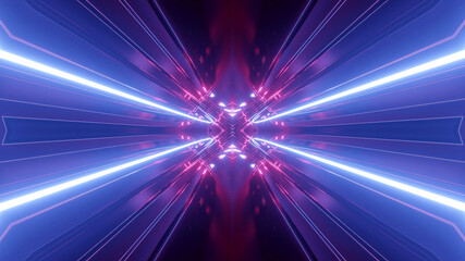 3d render. Sci-fi tunnel with neon lights. Abstract high-tech tunnel as background in the style of cyberpunk or high-tech future. Symmetrical structure of purple light streaks.