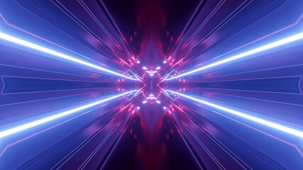 Fototapeta premium 3d render. Sci-fi tunnel with neon lights. Abstract high-tech tunnel as background in the style of cyberpunk or high-tech future. Symmetrical structure of purple light streaks.