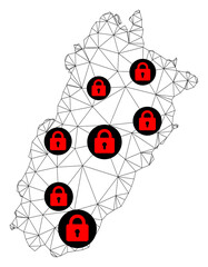 Polygonal mesh lockdown map of Punjab Province. Abstract mesh lines and locks form map of Punjab Province. Vector wire frame 2D polygonal line network in black color with red locks.