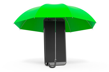 Smartphone phone under umbrella, 3D rendering