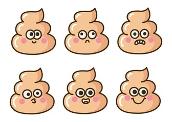 Cute poop emoji. funny cartoon characters icons set isolated on white background. vector illustration.