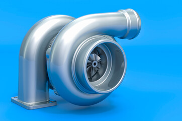 Car turbocharger on blue backdrop, 3D rendering