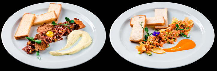 fresh tartares set salmon and avocado collage collection