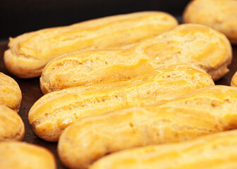 close up custard cake in the oven