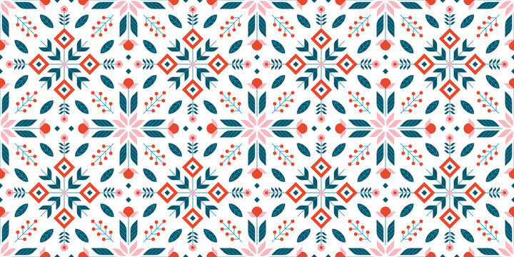 Fototapeta Floral scandinavian seamless pattern with abstract spring flowers, leaf and geometric shapes design for fabric