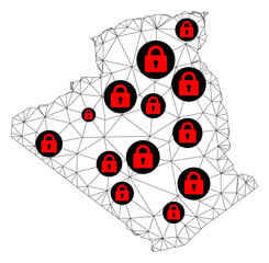 Polygonal mesh lockdown map of Algeria. Abstract mesh lines and locks form map of Algeria. Vector wire frame 2D polygonal line network in black color with red locks.