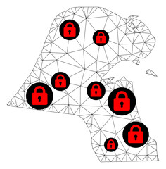 Polygonal mesh lockdown map of Kuwait. Abstract mesh lines and locks form map of Kuwait. Vector wire frame 2D polygonal line network in black color with red locks. Frame model for isolation purposes.