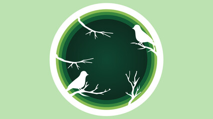 Circle of birds, decoration, wrapping paper,, illustration of a green leaf