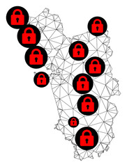 Polygonal mesh lockdown map of Goa State. Abstract mesh lines and locks form map of Goa State. Vector wire frame 2D polygonal line network in black color with red locks.