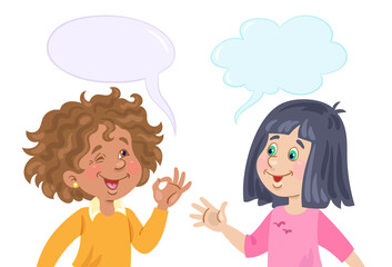 A conversation between two cute little girls. Picture with dialog boxes. In cartoon style. Isolated on white background. Vector flat illustration.