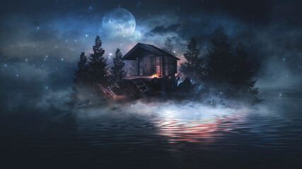 Night fantasy landscape with abstract mountains and island on the water, wooden house on the shore, moonlight, fog, night lamp. 3D  © MiaStendal