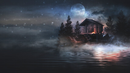 Night fantasy landscape with abstract mountains and island on the water, wooden house on the shore, moonlight, fog, night lamp. 3D 