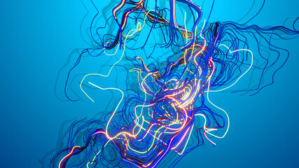 Abstract bg with loops of wires. Multicolor flash of curved lines. Concept of neural network, artificial intelligence. Running neon lights like garland or lightnings. AI signals. 3d render