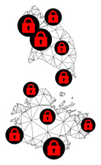 Polygonal mesh lockdown map of Antigua and Barbuda. Abstract mesh lines and locks form map of Antigua and Barbuda. Vector wire frame 2D polygonal line network in black color with red locks.