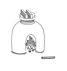 Japanese home goods illustration. Hand drawn sketch. Japanese old lifestyle and home goods. Vector illustration of Japanese wood burning stove icon. Graphic design elements. Isolated objects.