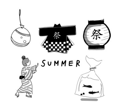 Japanese illustration bundle. Hand drawn sketch. Japanese culture and lifestyle. Vector illustration of Japanese summer festival icon. Graphic design elements. Isolated objects.