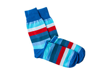 Bright multicolored striped funny cotton socks for daily wear, isolated on a white background, close-up