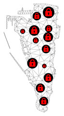 Polygonal mesh lockdown map of Gibraltar. Abstract mesh lines and locks form map of Gibraltar. Vector wire frame 2D polygonal line network in black color with red locks.