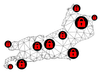 Polygonal mesh lockdown map of Rio de Janeiro State. Abstract mesh lines and locks form map of Rio de Janeiro State. Vector wire frame 2D polygonal line network in black color with red locks.