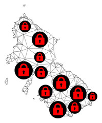Polygonal mesh lockdown map of Skyros Island. Abstract mesh lines and locks form map of Skyros Island. Vector wire frame 2D polygonal line network in black color with red locks.