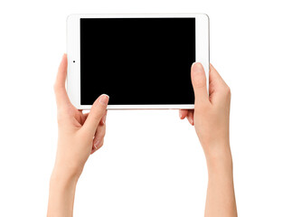 female hands holding digital tablet on isolated white background