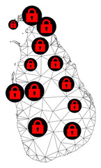 Polygonal mesh lockdown map of Sri Lanka. Abstract mesh lines and locks form map of Sri Lanka. Vector wire frame 2D polygonal line network in black color with red locks.