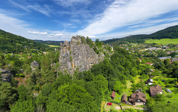 Ruins of gothic rock castle Pantheon - Vranov in Mala Skala (Little Rock) village from 14th cent., Bohemian Paradise region, Czech Republic