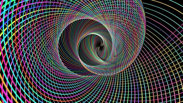abstract geometric looped bg with rings form complex twisted spiral and light effects. Rings flash neon multicolor lights. Neon ring bulbs for show or events, festivals or concerts, vj night clubs.
