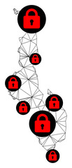 Polygonal mesh lockdown map of Malawi. Abstract mesh lines and locks form map of Malawi. Vector wire frame 2D polygonal line network in black color with red locks. Frame model for lockdown templates.