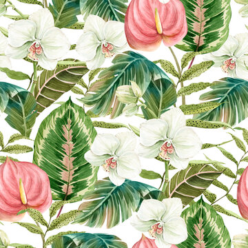 seamless pattern with green tropical palm leaves and flowers on white background, illustration watercolor hand painted