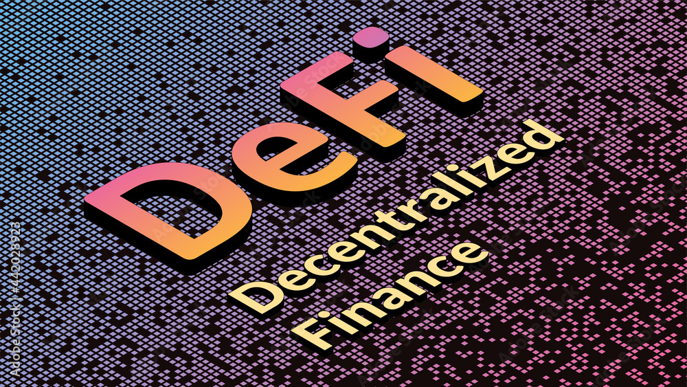 Sticker defi - decentralized finance, isometric text on fragmented matrix background from squares. ecosystem
