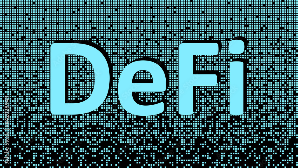 Wall mural defi - decentralized finance, blue text on fragmented matrix background from squares. ecosystem of f