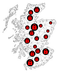Polygonal mesh lockdown map of Scotland. Abstract mesh lines and locks form map of Scotland. Vector wire frame 2D polygonal line network in black color with red locks.