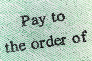 Macro view of Pay to the order of notation on a United States Treasury Check.