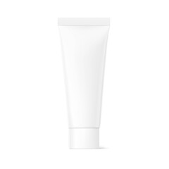 Blank plastic tube mockup for cosmetics with cap. Front view. Vector illustration isolated on white background. Can be use for your design, advertising, promo and etc. EPS10.	