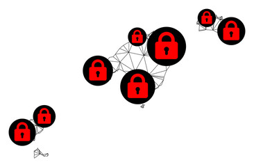 Polygonal mesh lockdown map of Baleares Province. Abstract mesh lines and locks form map of Baleares Province. Vector wire frame 2D polygonal line network in black color with red locks.