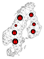 Polygonal mesh lockdown map of Scandinavia. Abstract mesh lines and locks form map of Scandinavia. Vector wire frame 2D polygonal line network in black color with red locks.