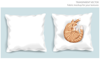  Vector soft fabric pillow mock up for your design. Orange cat slipping on the cushion. Pillows with transparent shadows. View from the top
