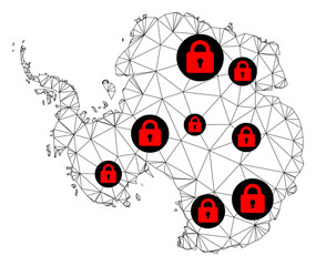 Polygonal mesh lockdown map of Antarctica. Abstract mesh lines and locks form map of Antarctica. Vector wire frame 2D polygonal line network in black color with red locks.