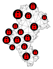 Polygonal mesh lockdown map of Silesia Province. Abstract mesh lines and locks form map of Silesia Province. Vector wire frame 2D polygonal line network in black color with red locks.